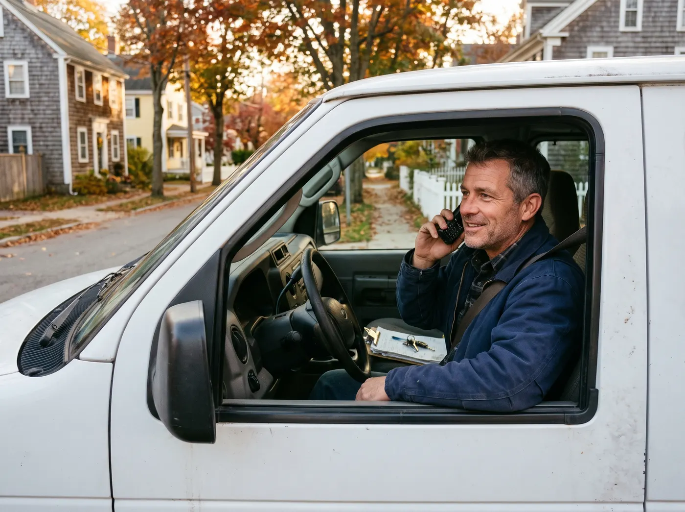 A trades business owner taking a customer call from his work van