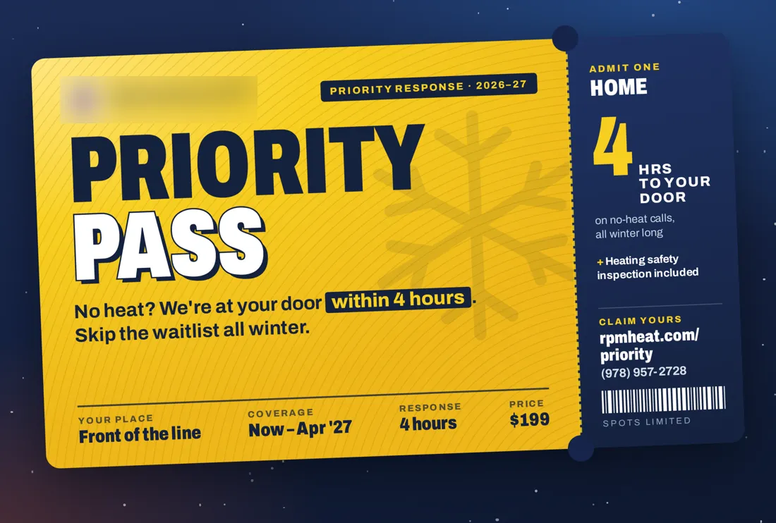 Priority Pass postcard: no heat, at your door within 4 hours, $199 for the season